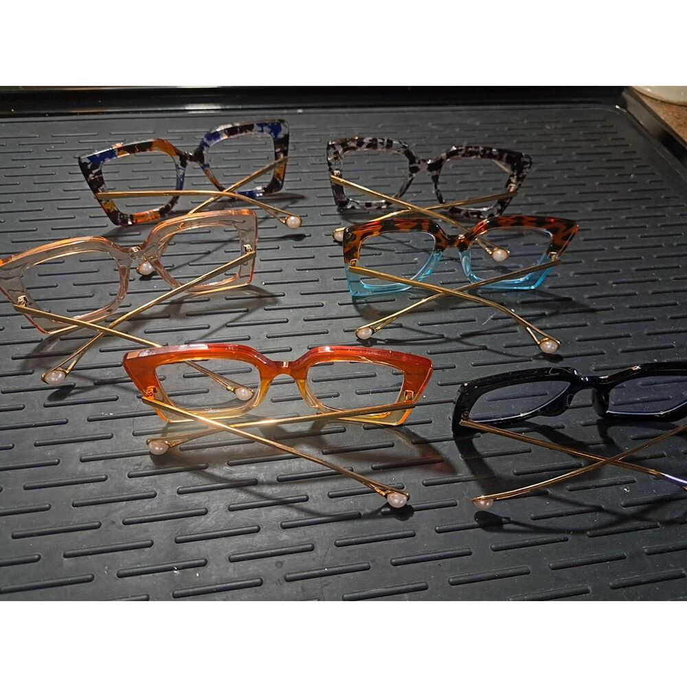 NIB 6 FUN Multi-color Large Square Frame faux Glasses Gold Earpiece with pearls